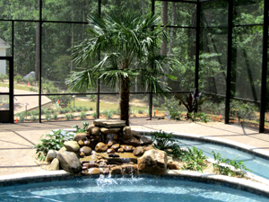 Mystic Pools custom gunite pool inside a screened enclosure featuring a natural rock waterfall island with a palm tree and tropical landscaping